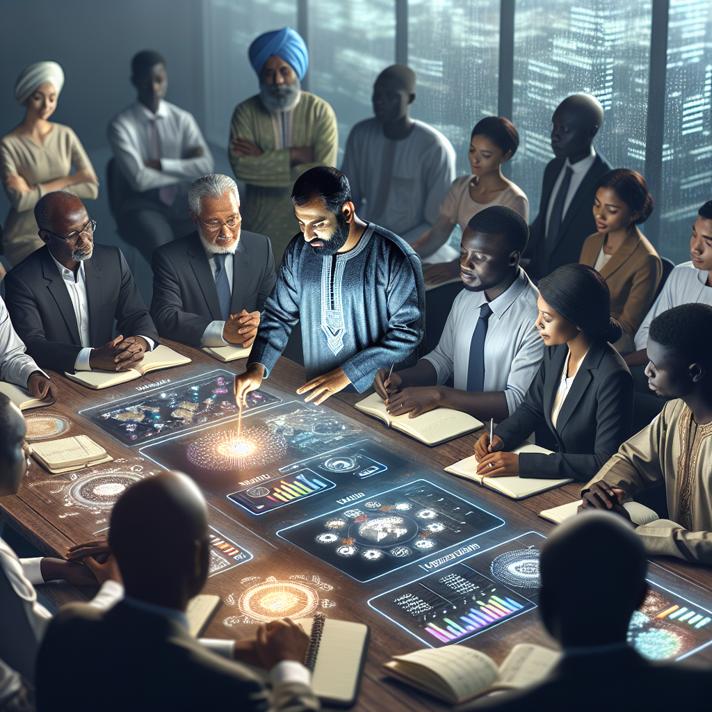 Facilitator leading a financial guidance session with Ghanaian participants seated around a glowing table filled with charts, notebooks, and digital dashboards reflecting collaborative learning.