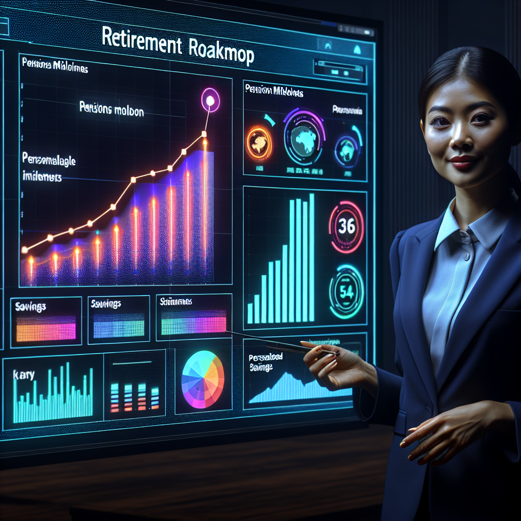 Financial advisor presenting a retirement roadmap with glowing charts and layered timelines that highlight Ghanaian pension milestones and personalised savings milestones.