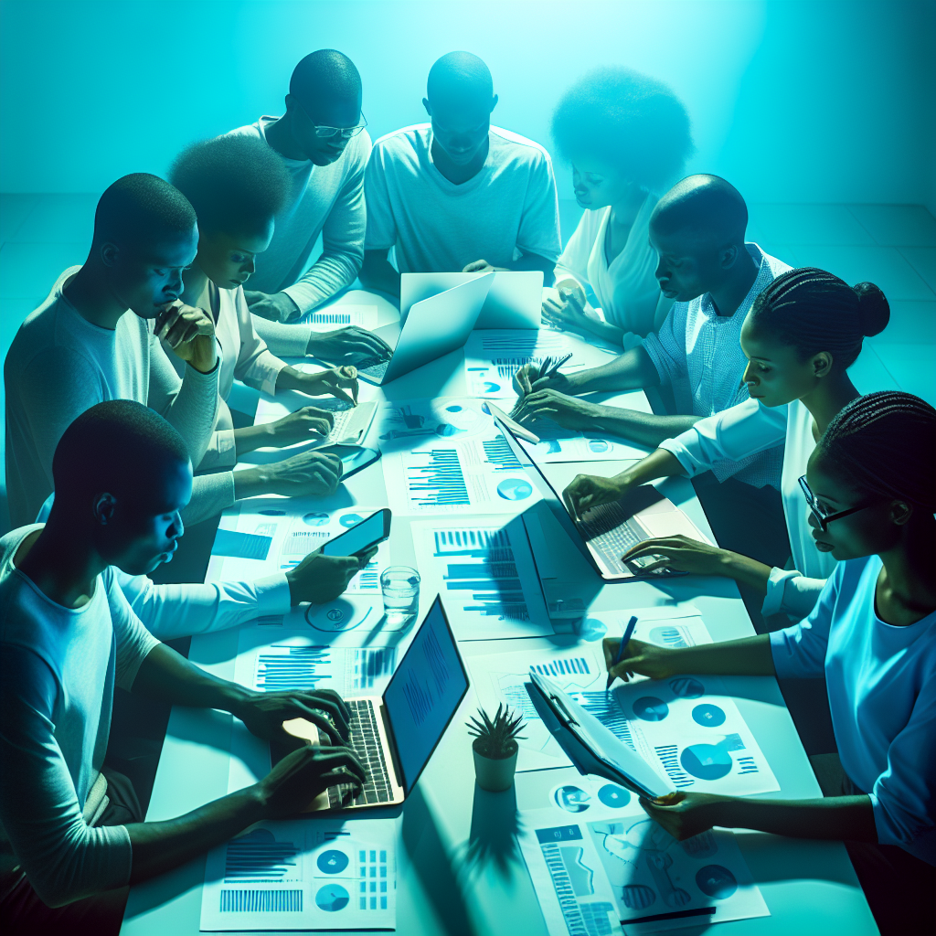 Team of Ghanaian analysts collaborating over laptops and whiteboards illuminated by cyan gradients while mapping financial data flows and household budgeting insights.